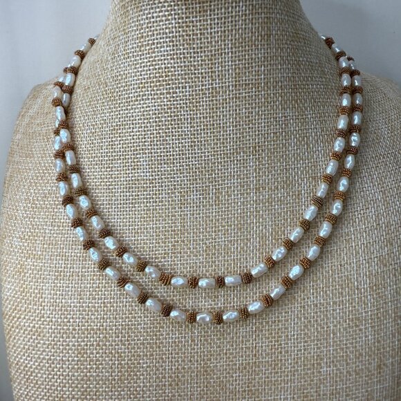 Anne Klein Vintage Long Faux Pearl & Gold-Tone Beaded Necklace Double Strand Wea - Picture 6 of 15